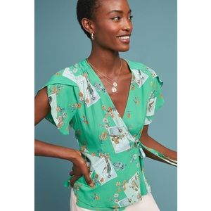 Anthropologie Meadow Rue Bon Voyage Green Bird Print Wrap Blouse